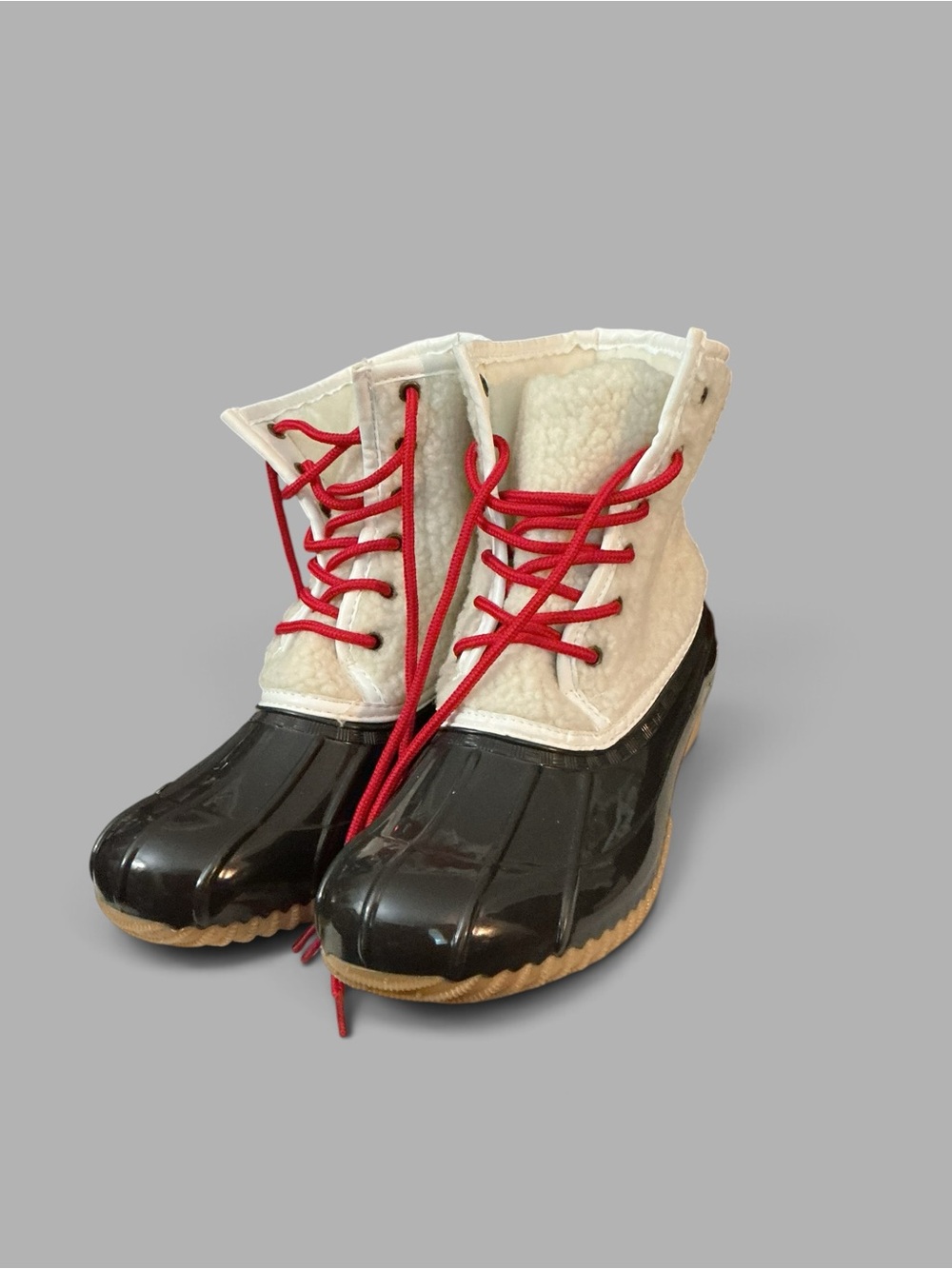 Sugar, Skipper Black and White Winter Duck Boots with Red Laces